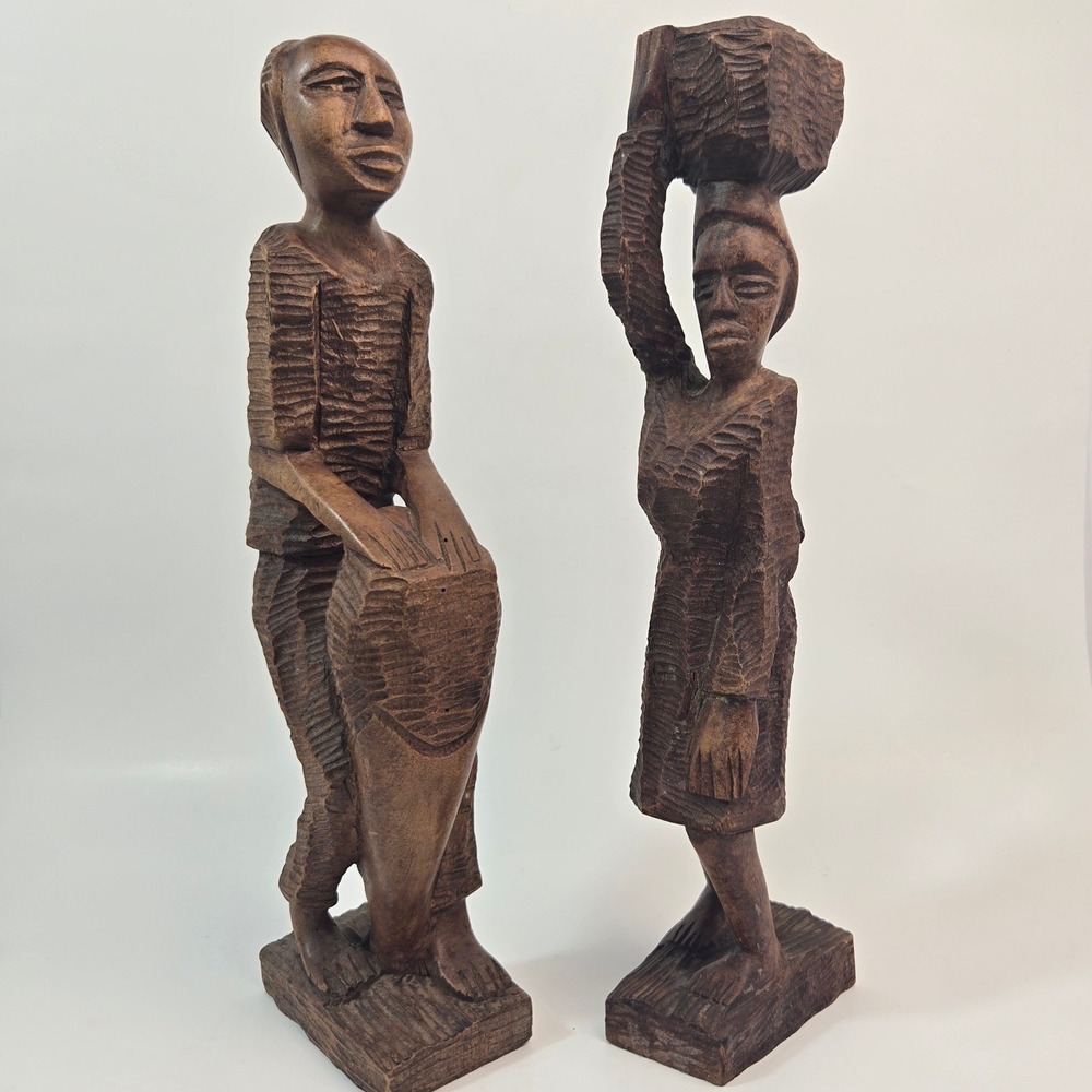 Vintage Hand Carved Wood African Couple Statues Drummer Basket Figure 13.5 Inch